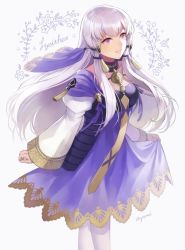 Rule 34 | 1girl, artist name, aym (ash3ash3ash), character name, dress, fire emblem, fire emblem: three houses, hair ornament, highres, long hair, long sleeves, lysithea von ordelia, nintendo, parted lips, pink eyes, simple background, solo, white background, white hair, white legwear