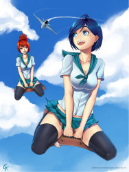 Rule 34 | 2girls, aircraft, airplane, bag, blue eyes, blue hair, breasts, cleavage, cloud, day, flying, hello kitty, highres, jet, loafers, long hair, medium breasts, midair, multiple girls, original, ponytail, red eyes, red hair, sanrio, satchel, school uniform, shoes, short hair, silent-fly, skirt, sky, smile, thighhighs, zettai ryouiki