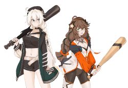 Rule 34 | 2girls, arknights, baseball bat, belt, beret, black choker, black headwear, black shorts, blue eyes, braid, breasts, brown hair, camisole, character name, choker, clothes writing, cloud ya, commentary, cosplay, costume switch, cowboy shot, crop top, crossover, cuora (arknights), cuora (arknights) (cosplay), green eyes, hair between eyes, hair intakes, hairband, hat, highres, honkai (series), honkai impact 3rd, jacket, kiana kaslana, kiana kaslana (cosplay), kiana kaslana (white comet), leggings, long hair, looking at another, midriff, multiple girls, navel, open clothes, open jacket, raglan sleeves, short shorts, shorts, silver hair, simple background, small breasts, standing, star (symbol), stomach, thighs, very long hair, white background, white belt
