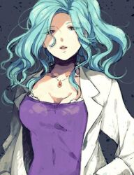 Rule 34 | 1girl, blue hair, breasts, cleavage, coat, commentary request, dress, eyes visible through hair, grey background, half-closed eyes, jewelry, lab coat, long hair, looking at viewer, medium breasts, necklace, parted lips, purple dress, ragnarok online, solo, tokio (okt0w0), upper body, verity, wavy hair, white coat, yellow eyes