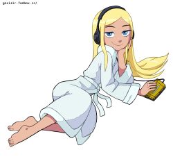 Rule 34 | 1girl, absurdres, alpha transparency, barefoot, bathrobe, blonde hair, blue eyes, child, closed mouth, dc comics, fanbox username, feet, female focus, full body, gnsisir, hand on own cheek, hand on own face, headphones, highres, long hair, looking at viewer, lying, naughty face, on back, on side, seductive smile, simple background, smile, solo, teen titans, terra (dc), toes, watermark, web address, white background, white bathrobe