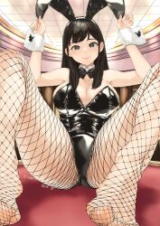 Rule 34 | 1girl, absurdres, akebi komichi, animal ears, arms up, bare legs, black bow, black bowtie, black hair, black hairband, bow, bowtie, breasts, casino, cleavage, closed mouth, detached collar, fake animal ears, feet, fishnet pantyhose, fishnets, foot out of frame, foreshortening, grey eyes, hairband, highres, indoors, knees up, large breasts, latex, latex leotard, legs, leotard, long hair, looking at viewer, mbr90munouk, miru tights, no shoes, on table, original, pantyhose, playboy bunny, rabbit ears, shadow, shiny clothes, signature, sitting, sleeve cuffs, smile, solo, strapless, strapless leotard, table, thighs, toenails, toes, twitter username