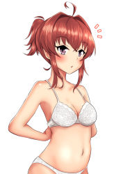 Rule 34 | 1girl, ahoge, arashi (kancolle), bra, breasts, hair intakes, haoto (arnica leaf), highres, kantai collection, messy hair, navel, panties, ponytail, purple eyes, red hair, short ponytail, simple background, small breasts, solo, underwear, underwear only, upper body, white background, white bra, white panties
