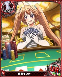Rule 34 | 1girl, bare shoulders, blush, breast hold, breasts, card, card (medium), casino, character name, chess piece, dress, elbow gloves, female focus, gloves, high school dxd, large breasts, long hair, looking at viewer, official art, orange hair, playing card, purple eyes, rook (chess), shidou irina, solo, trading card, twintails, very long hair, white gloves