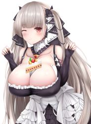 Rule 34 | 1girl, azur lane, bare shoulders, black dress, breasts, cake, cake slice, cleavage, clothing cutout, dress, food, food on body, food on breasts, formidable (azur lane), frilled dress, frills, gintokyhenry, gothic lolita, grey hair, hair ribbon, highres, huge breasts, lolita fashion, long hair, neckwear between breasts, one eye closed, red eyes, ribbon, shoulder cutout, simple background, solo, twintails, two-tone dress, two-tone ribbon, very long hair, white background