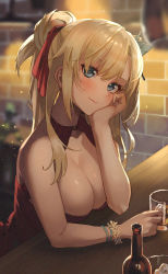 Rule 34 | 1girl, :3, absurdres, alcohol, bare arms, bare shoulders, blonde hair, blue eyes, blush, boku wa tomodachi ga sukunai, bottle, breasts, bug, butterfly, butterfly hair ornament, cleavage, cup, dress, drinking glass, flower, hair ornament, hair ribbon, highres, insect, kashiwazaki sena, large breasts, long hair, looking at viewer, parted lips, ponytail, red dress, red ribbon, ribbon, smile, solo, sooon, symbol-only commentary, wine, wine bottle, wine glass