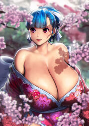 Rule 34 | 1girl, absurdres, bare shoulders, blue hair, blunt bangs, blush, breasts, cherry blossoms, cleavage, earrings, erkaz, female focus, hair ribbon, highres, hip vent, huge breasts, japanese clothes, jewelry, kimono, obi, original, outdoors, pink eyes, ribbon, rina atherina, sash, shiny skin, short hair, solo, veins, veiny breasts