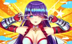 Rule 34 | 1girl, absurdres, bad id, bad pixiv id, bare shoulders, bikini, blunt bangs, blush, breasts, choker, cleavage, closed mouth, collarbone, cross, cross choker, double v, earrings, elbow gloves, emotional engine - full drive, fate/grand order, fate (series), frilled bikini, frills, gauntlets, gloves, hands up, highres, jewelry, large breasts, long hair, looking at viewer, martha (fate), martha (swimsuit ruler) (fate), martha (swimsuit ruler) (third ascension) (fate), one eye closed, parody, purple hair, red bikini, red gloves, rlf 00, smile, solo, sparkle, star (symbol), straight hair, striped, striped background, swimsuit, tongue, tongue out, two-tone bikini, v, white bikini, yellow background