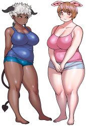 Rule 34 | 2girls, animal ears, arms behind back, bare shoulders, barefoot, black sclera, blush, breasts, brown hair, cleavage, closed mouth, collarbone, colored sclera, commentary, commentary request, contrapposto, dark-skinned female, dark skin, demon horns, demon tail, elf-san wa yaserarenai., full body, highres, horns, huge breasts, large breasts, looking at viewer, multiple girls, oku (elf-san wa yaserarenai.), orange eyes, pentagram earrings, pig ears, plump, pointy ears, satero (elf-san wa yaserarenai.), short hair, short shorts, shorts, simple background, standing, synecdoche, tail, tareme, thick arms, thick thighs, thighs, tsurime, white background, white hair, yellow eyes