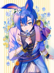 Rule 34 | 1boy, ;), alternate hairstyle, animal ears, blue eyes, blue flower, blue hair, floral background, flower, hand up, highres, izullu, kaito (vocaloid), male focus, official alternate costume, one eye closed, project sekai, rabbit boy, rabbit ears, smile, solo, vocaloid