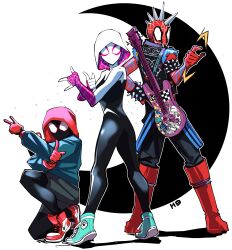 Rule 34 | 1girl, 2boys, absurdres, boots, commentary, crescent, electric guitar, guitar, hand on own hip, heartbreak juan, highres, hood, hoodie, instrument, knee boots, marvel, multiple boys, red footwear, shoes, signature, sneakers, spider-gwen, spider-man: across the spider-verse, spider-man (miles morales), spider-man (series), spider-punk, spider-verse, spikes, superhero costume, tsuki ni kawatte oshioki yo, two-tone bodysuit, vans