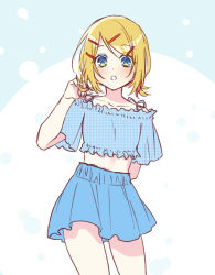 Rule 34 | 1girl, aqua eyes, arm behind back, bare legs, blonde hair, blue shirt, blue skirt, breasts, chestnut mouth, collarbone, crop top, flat chest, frilled shirt, frills, hair ornament, tucking hair, hairclip, hinata (princess apple), kagamine rin, blue background, light blush, looking at viewer, low twintails, midriff, miniskirt, off-shoulder shirt, off shoulder, playing with own hair, pleated skirt, shirt, short twintails, skirt, small breasts, solo, swept bangs, twintails, vocaloid