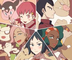Rule 34 | 2girls, 3boys, bright pupils, cheren (pokemon), creature, creatures (company), dog, face, fangs, game freak, gen 2 pokemon, gen 3 pokemon, gen 5 pokemon, green eyes, green hair, gym leader, hair ornament, horns, ilima (pokemon), lenora (pokemon), lillipup, looking at viewer, miltank, multiple boys, multiple girls, nintendo, norman (pokemon), one eye closed, pokemon, pokemon (creature), pokemon bw, pokemon bw2, pokemon hgss, pokemon oras, pokemon sm, profile, signature, slaking, smeargle, ssalbulre, tongue, tongue out, trial captain, twintails, watchog, whitney (pokemon)