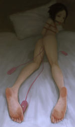 Rule 34 | 1girl, arms behind back, ass, ball gag, barefoot, bdsm, bed, bed sheet, black hair, bondage, bound, breasts, eyebrows, feet, gag, ikelag, kinbaku, looking at viewer, looking back, lying, nipples, nude, on bed, on stomach, original, pillow, sex toy, shibari, short hair, small breasts, soles, solo, toes, vibrator
