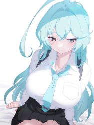 Rule 34 | 1girl, absurdres, ahoge, aqua hair, aqua necktie, black skirt, blue archive, breasts, brown eyes, closed mouth, collarbone, collared shirt, commentary request, daifuku momiji, highres, huge ahoge, large breasts, long hair, long sleeves, necktie, pleated skirt, shirt, simple background, sitting, skirt, solo, thighs, white background, white shirt, yume (blue archive)