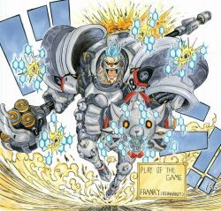 Rule 34 | 1boy, armor, blue hair, character name, charging forward, comic, cosplay, cyborg, energy barrier, energy shield, franky (one piece), full armor, full body, gauntlets, glasses, glowing, glowing eye, han seok-bum, highres, holding, holding weapon, looking at viewer, male focus, marker (medium), no headwear, official style, one piece, overwatch, overwatch 1, parody, pauldrons, plate armor, play of the game, pompadour, reinhardt (overwatch), reinhardt (overwatch) (cosplay), shield, short hair, shoulder armor, shoulder pads, sideburns, smile, solo, stitches, style parody, sunglasses, teeth, thrusters, traditional media, war hammer, warhammer, weapon, white background