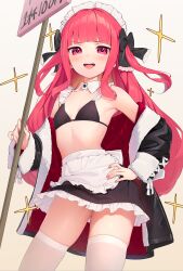Rule 34 | 1girl, apron, bikini, black bikini, black jacket, black skirt, blush, breasts, cowboy shot, detached collar, fingernails, frilled apron, frilled skirt, frills, hand on own hip, highres, holding, jacket, kanpa (campagne 9), long hair, long sleeves, looking at viewer, maid, maid apron, maid bikini, maid headdress, nail polish, open clothes, open jacket, open mouth, original, pink nails, red eyes, red hair, skirt, small breasts, smile, solo, swimsuit, thighhighs, unconventional maid, waist apron, white apron, white thighhighs