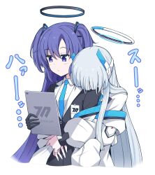 Rule 34 | 2girls, blue archive, blue necktie, collared shirt, commentary request, expressionless, formal, hair ornament, halo, head on another&#039;s shoulder, headphones, highres, holding, holding tablet pc, hug, hug from behind, jacket, karikura (atatata71), multiple girls, necktie, noa (blue archive), purple eyes, purple hair, shirt, smelling, suit, tablet pc, two side up, white background, white hair, white shirt, yuuka (blue archive)