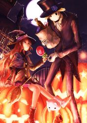 Rule 34 | 1girl, absurdres, brown hair, candy, cat, full moon, halloween, hat, highres, jack-o&#039;-lantern, long hair, moon, namacotan, night, original, red eyes, smile, witch, witch hat