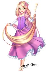Rule 34 | 1girl, absurdly long hair, barefoot, blonde hair, cross-laced clothes, disney, dress, fang, flower, full body, green eyes, hair flower, hair ornament, holding, holding own hair, kashi kosugi, long hair, open mouth, pink dress, rapunzel (disney), signature, smile, solo, tangled, transparent background, very long hair