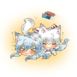 Rule 34 | &gt; &lt;, 2girls, = =, animal ears, bad id, bad pixiv id, blue hair, blush, bow, chibi, dog ears, dog tail, drooling, expressive clothes, closed eyes, fang, female focus, fujiwara no mokou, girl on top, hair bow, hat, heart, kamishirasawa keine, kemonomimi mode, lying, multiple girls, on stomach, open mouth, rebecca (keinelove), silver hair, tail, touhou, wavy mouth