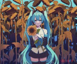 Rule 34 | 1girl, aqua eyes, aqua hair, aqua necktie, bare shoulders, black skirt, black sleeves, black thighhighs, blue sky, closed mouth, collared shirt, commentary, cowboy shot, dated, detached sleeves, eiku, film grain, flower, flower field, glitch, hair between eyes, hair ornament, hatsune miku, headphones, highres, holding, holding flower, long hair, looking at viewer, microphone, necktie, number tattoo, outdoors, own hands together, pleated skirt, shirt, skirt, sky, smile, solo, sunflower, sunflower field, tattoo, thighhighs, timestamp, twintails, vocaloid, wavy hair, white shirt, wilted flower, zettai ryouiki