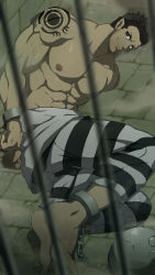 Rule 34 | 1boy, abs, absurdres, ass, bara, beard, brown hair, cuffs, dark-skinned male, dark skin, facial hair, free (soul eater), full body, handcuffs, highres, large pectorals, looking at viewer, lying, male focus, mature male, mazjojo, muscular, muscular male, nipples, on side, paid reward available, pectorals, pointy ears, prison, prison clothes, paid reward available, short hair, shoulder tattoo, sideburns, smile, solo, soul eater, stomach, stubble, sweat, tattoo, topless male, werewolf