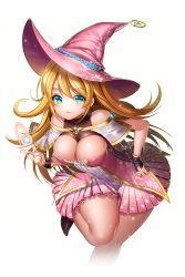 Rule 34 | 1girl, aile (crossroads), aqua eyes, blonde hair, blush, breasts, cleavage, dress, hand on own hip, hat, highres, large breasts, leg up, lipstick, long hair, looking at viewer, magic, makeup, official art, pleated skirt, short dress, sirius (soccer spirits), skirt, smile, soccer spirits, solo, sparkle, star (symbol), star print, transparent background, witch hat
