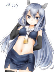 Rule 34 | 1girl, akino shuu, black thighhighs, blue eyes, blush, breasts, character name, closed mouth, cowboy shot, hair between eyes, headgear, i-203 (kancolle), kantai collection, long hair, navel, sailor collar, silver hair, simple background, small breasts, solo, thighhighs, white background, white sailor collar