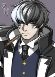 Rule 34 | 1boy, ace attorney, black eyes, black hair, black necktie, character name, coat, dated, expressionless, feathers, grey background, looking at viewer, male focus, mouth hold, multicolored hair, necktie, shiboru, simon blackquill, solo, two-tone hair, upper body, white hair