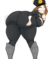 Rule 34 | 1girl, absurdres, adomo, ass, ass grab, bent over, bodysuit, boku no hero academia, boots, breasts, brown eyes, brown hair, cameltoe, deep skin, from behind, hat, highres, huge ass, huge breasts, jiggle, leaning, leaning forward, long hair, looking back, looking down, shiny clothes, sideboob, skin tight, solo, utsushimi kemii
