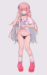 Rule 34 | 1boy, bag, blush, bulge, choker, clothes lift, full body, grey background, hair ornament, hairclip, hat, highres, jewelry, lifted by self, long hair, looking at viewer, loose socks, male focus, necklace, original, panties, pink hair, pubic tattoo, shen (1542046839), shirt lift, shoes, sidelocks, simple background, sneakers, socks, solo, tattoo, trap, underwear, very long hair