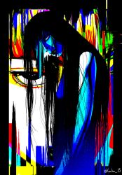 Rule 34 | 1girl, black hair, black lips, clenched teeth, cowboy shot, digital dissolve, fear &amp; hunger, fear &amp; hunger 2: termina, glitch, highres, kocho 15, limited palette, long hair, looking at viewer, loose hair strand, red eyes, samarie (fear &amp; hunger), slouching, solo, teeth, twitter username