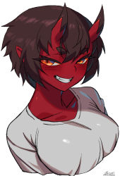 Rule 34 | 1girl, black hair, blush, breasts, colored skin, grin, horns, kidouko (zakusi), large breasts, looking at viewer, oni, oni horns, orange eyes, original, pointy ears, red oni, red skin, shirt, short hair, signature, simple background, smile, solo, upper body, white background, white shirt, zakusi