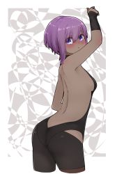 Rule 34 | 1girl, arm up, ass, backless outfit, bare back, bare shoulders, black leotard, blush, breasts, cropped legs, dark-skinned female, dark skin, fate/prototype, fate/prototype: fragments of blue and silver, fate (series), female focus, from behind, hair between eyes, hassan of serenity (fate), highres, i.u.y, leotard, looking at viewer, looking back, nose blush, parted lips, purple eyes, purple hair, small breasts, solo