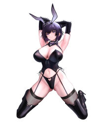 1girl animal_ears armpits arms_up bare_shoulders black_choker black_footwear black_gloves black_hairband black_panties black_thighhighs blush boots breasts choker cleavage closed_mouth elbow_gloves fake_animal_ears figure_available fishnet_thighhighs fishnets full_body gloves hair_ornament hairband high_heel_boots high_heels kneeling large_breasts leotard looking_at_viewer merchandise_available native_(brand) navel original panties playboy_bunny purple_eyes purple_hair rabbit_ears short_hair side-tie_panties simple_background smile solo thigh_boots thighhighs thighhighs_under_boots thighs ulrich_(tagaragakuin) underwear white_background