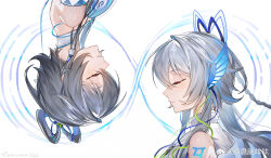 Rule 34 | 2girls, bare shoulders, blue ribbon, closed eyes, dress, earphones, face-to-face, from side, grey hair, hair ribbon, head rest, highres, infinity symbol, long hair, luo tianyi, multiple girls, profile, ribbon, short hair with long locks, shoulder tattoo, tattoo, titaniumtai, upside-down, vocaloid, vsinger (vocaloid), weibo logo, weibo watermark, white background, white dress, wing hair ornament