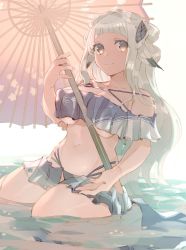 Rule 34 | 1girl, absurdly long hair, animal ears, aquaplus, arm up, breast press, breasts, brown eyes, cleavage, cleavage cutout, closed mouth, clothing cutout, collarbone, crop top, fingernails, frilled swimsuit, frills, full body, gradient eyes, hair ornament, highres, holding, holding umbrella, in water, kneeling, large breasts, long hair, matsuri (utawarerumono: lost flag), multicolored eyes, off shoulder, raised eyebrows, rg hki, sidelocks, smile, solo, swimsuit, thick thighs, thighs, umbrella, underboob, utawarerumono, utawarerumono: lost flag, very long hair, wavy hair, white hair, wide hips