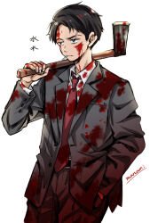 Rule 34 | 1boy, artist name, axe, black eyes, black hair, black jacket, black pants, black suit, blood, blood on axe, blood on clothes, blood on face, blood on hands, character name, collared shirt, commentary request, cowboy shot, formal, gegege no kitarou, hand in pocket, hand up, holding, holding axe, jacket, kitarou tanjou: gegege no nazo, long sleeves, looking to the side, male focus, mizuki (gegege no kitarou), mouth hold, necktie, over shoulder, pants, red necktie, scar, scar across eye, shirt, short hair, signature, simple background, solo, standing, sugano manami, suit, white background, white shirt