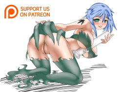 Rule 34 | 1girl, :3, :d, areola slip, ass, bandeau, bent over, between breasts, blue hair, breasts, clothes lift, covered erect nipples, english text, full body, green eyes, green panties, green thighhighs, hair between eyes, holding, kneeling, large breasts, lifted by self, logo, looking at viewer, looking back, monster girl, open mouth, original, panties, partially visible vulva, patreon, personification, raised eyebrows, see-through, shadow, short hair, simple background, sirat111, skirt, skirt lift, smile, solo, tattoo, thighhighs, thong, underwear, wedgie
