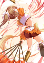 Rule 34 | 1girl, ass, bike shorts, bow, brown hair, female focus, hair ornament, hand fan, highres, japanese clothes, long hair, magia record: mahou shoujo madoka magica gaiden, magical girl, mahou shoujo madoka magica, open mouth, orange skirt, rikopin, side ponytail, skirt, smile, solo, standing, yellow bow, yui tsuruno