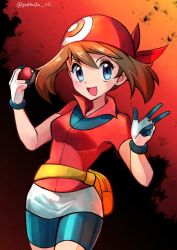 Rule 34 | 1girl, :d, absurdres, bad id, bad pixiv id, bandana, bike shorts, blue eyes, blush, brown hair, commentary request, creatures (company), eyelashes, fanny pack, game freak, gloves, highres, holding, holding poke ball, looking at viewer, may (pokemon), miyama (yakinikusushi the royal), nintendo, open mouth, poke ball, poke ball (basic), pokemon, pokemon rse, red bandana, red shirt, shirt, short sleeves, smile, solo, w, watermark