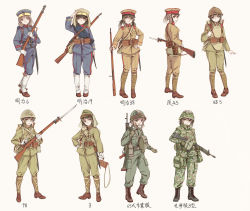 Rule 34 | 6+girls, ankle boots, ankle wrap, arisaka, assault rifle, battle rifle, bayonet, black hair, bolt action, boots, brown eyes, brown hair, combat boots, contrapposto, flak jacket, full body, gaiters, gloves, green eyes, gun, gun sling, hand on own hip, hat, helmet, highres, howa type 64, imperial japanese army, jacket, japan, japan ground self-defense force, japan self-defense force, load bearing equipment, long hair, longmei er de tuzi, looking at viewer, md5 mismatch, military, military uniform, multiple girls, original, peaked cap, pouch, rifle, short ponytail, smile, soldier, standing, timeline, translated, twintails, uniform, weapon, white gloves, world war ii