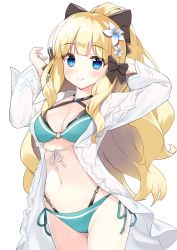 Rule 34 | 1girl, arms up, bikini, bikini under clothes, black bikini, black bow, blonde hair, blue bikini, blue eyes, blue flower, blush, bow, breasts, cleavage, closed mouth, commentary request, flower, hair bow, hair flower, hair ornament, high ponytail, highres, jacket, korean commentary, kutata, layered bikini, long hair, long sleeves, looking at viewer, navel, o-ring, o-ring bikini, o-ring bottom, open clothes, open jacket, ponytail, princess connect!, saren (princess connect!), saren (summer) (princess connect!), side-tie bikini bottom, simple background, small breasts, smile, solo, split mouth, swimsuit, very long hair, white background, white jacket