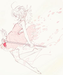 Rule 34 | 1girl, absurdres, ahoge, bare arms, bare shoulders, barefoot, cardcaptor sakura, dress, closed eyes, flying, from side, full body, highres, holding, holding wand, kinomoto sakura, magical girl, miemia, monochrome, pink background, pink dress, profile, short hair, sketch, solo, two side up, wand