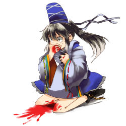 Rule 34 | 1girl, bad id, bad pixiv id, blood, commentary request, coughing blood, covering own mouth, dress, female focus, grey eyes, grey hair, hachi (8bit canvas), hand over mouth, hand over own mouth, hat, highres, japanese clothes, kneeling, mononobe no futo, ponytail, short hair, solo, sweat, tate eboshi, touhou