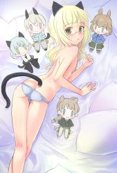 Rule 34 | 1girl, amelie planchard, animal ears, aohashi ame, ass, blonde hair, blue panties, blunt bangs, cat ears, cat tail, character doll, closed mouth, commentary request, crotch seam, eila ilmatar juutilainen, flat chest, from above, from behind, glasses, highres, long hair, looking at viewer, looking back, lying, lynette bishop, on stomach, panties, perrine h. clostermann, pillow, rabbit girl, sanya v. litvyak, solo, strike witches, tail, thigh gap, topless, underwear, underwear only, world witches series, yellow eyes