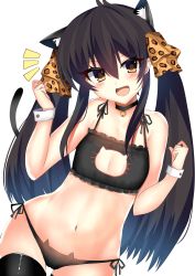 Rule 34 | :d, animal ear fluff, animal ears, animal print, bad id, bad pixiv id, bare shoulders, bell, black bra, black choker, black hair, black panties, black thighhighs, blush, bra, brown eyes, cat cutout, cat ear panties, cat ears, cat girl, cat lingerie, cat tail, choker, cleavage cutout, clothing cutout, commentary request, frilled bra, frills, hair between eyes, hair ribbon, head tilt, highres, idolmaster, idolmaster cinderella girls, jingle bell, kemonomimi mode, leopard print, long hair, matoba risa, meme attire, navel, neck bell, notice lines, open mouth, panties, print ribbon, ribbon, ricroot, side-tie panties, sidelocks, simple background, smile, solo, tail, tail raised, thighhighs, twintails, underwear, underwear only, very long hair, white background, wrist cuffs