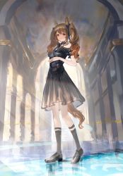 Rule 34 | 1girl, ambience synesthesia, angelina (arknights), animal ears, arknights, black bow, black bowtie, black dress, black footwear, black legwear, bow, bowtie, brown hair, dress, fox ears, fox girl, fox tail, full body, gawako, hair bow, highres, indoors, long hair, looking at viewer, official alternate costume, red eyes, shoes, solo, standing, tail, twintails