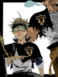 Rule 34 | 2boys, asta (black clover), black capelet, black clover, blush, capelet, crying, crying with eyes open, head out of frame, headpat, highres, male focus, mature male, multiple boys, muscular, muscular male, nose blush, pectorals, salute, short hair, smoking, solo focus, tako3, tank top, tears, torn capelet, torn clothes, white tank top, yami sukehiro